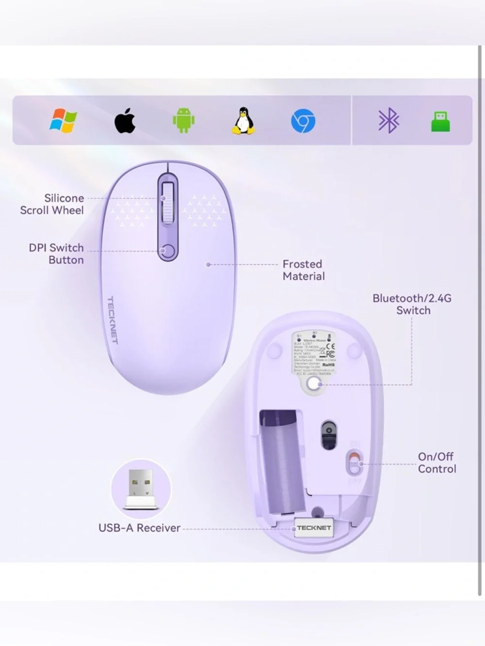 TECKNET Bluetooth Wireless Mouse (BT5.0/3.0 & 2.4G) Silent Click Compact